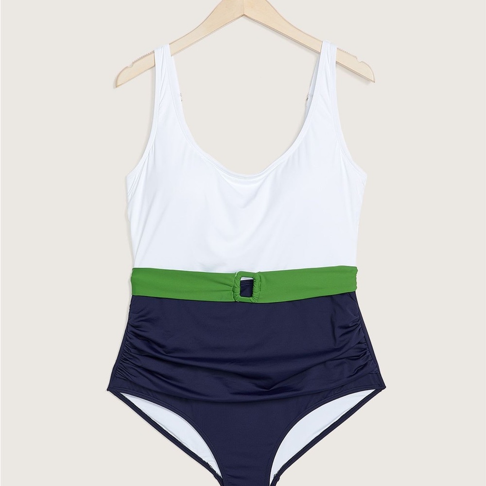 Anne Cole scoop neck belted white navy swimsuit - size 18